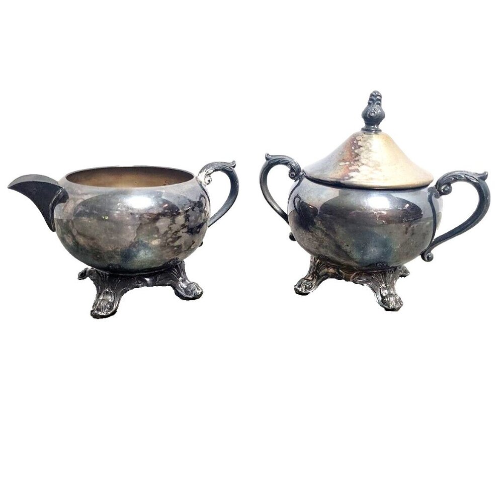 Vintage FB Rogers Silver Co Footed Sugar Bowl With Lid And Creamer Set Rare Find